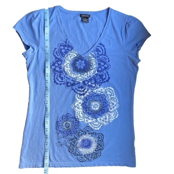 CALVIN KLEIN Tee Shirt Short Sleeve V Neck Geometric Floral Blue Women Size L - Picture 4 of 4
